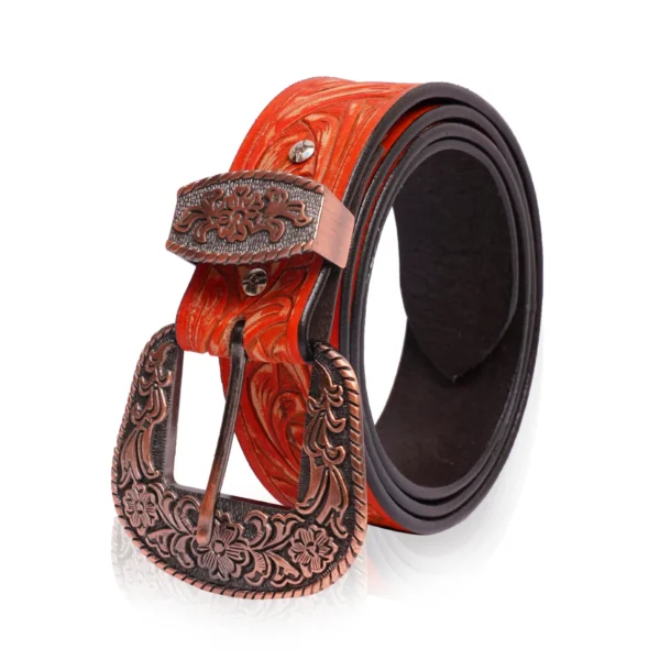 Rovadik Handtooled Western Leather Belt for Men and Women | Genuine Full Grain Leather Cowboy Belt with Handcrafted Design | Vintage Engraved Metal Buckle | Casual, Jeans Wear-Tan
