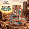 Rovadik Handtooled Turquoise Feather Western Leather Belt for Men and Women | Genuine Full Grain Leather Cowboy Belt with Handcrafted Design | Vintage Engraved Metal Buckle | Casual, Jeans Wear - Thumbnail Image 4