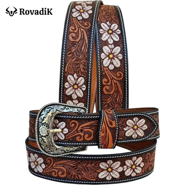 Rovadik Handtooled Floral Western Leather Belt for Men and Women | Genuine Full Grain Leather Cowboy Belt with Handcrafted Design | Vintage Engraved Metal Buckle | Casual, Jeans Wear