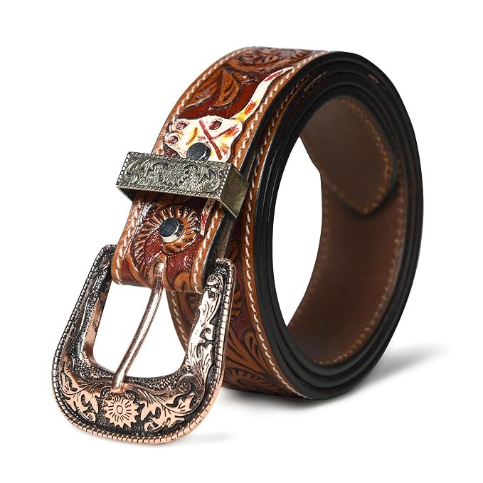 Rovadik Handtooled Skull Western Leather Belt for Men and Women | Genuine Full Grain Leather Cowboy Belt with Handcrafted Design | Vintage Engraved Metal Buckle | Casual, Jeans Wear - Image 4