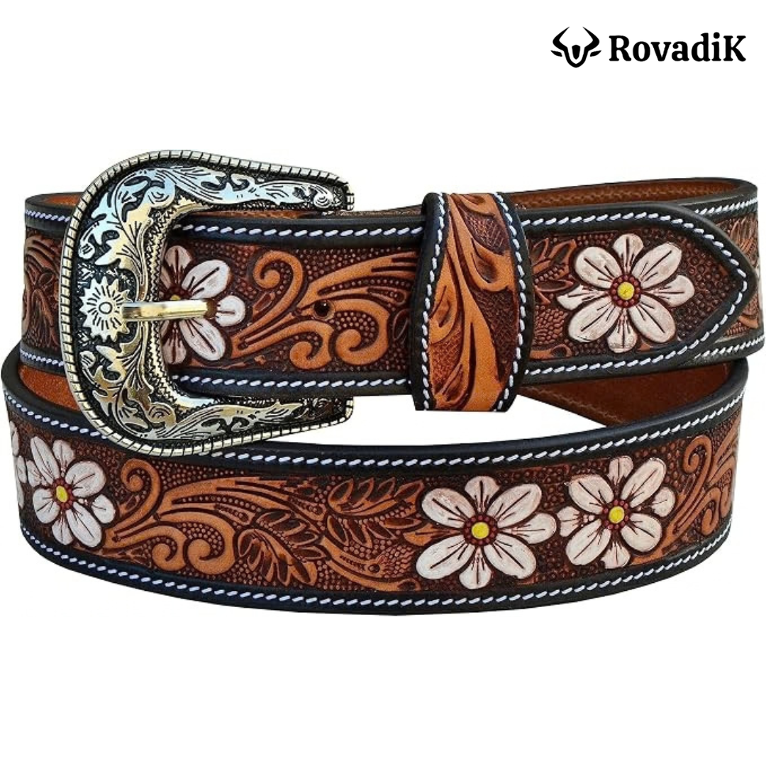 Rovadik Handtooled Floral Western Leather Belt for Men and Women | Genuine Full Grain Leather Cowboy Belt with Handcrafted Design | Vintage Engraved Metal Buckle | Casual, Jeans Wear - Image 3