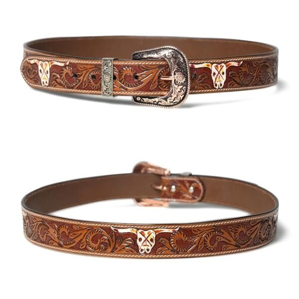 Rovadik Handtooled Skull Western Leather Belt for Men and Women | Genuine Full Grain Leather Cowboy Belt with Handcrafted Design | Vintage Engraved Metal Buckle | Casual, Jeans Wear