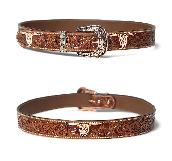 Rovadik Handtooled Skull Western Leather Belt for Men and Women | Genuine Full Grain Leather Cowboy Belt with Handcrafted Design | Vintage Engraved Metal Buckle | Casual, Jeans Wear - Image 1