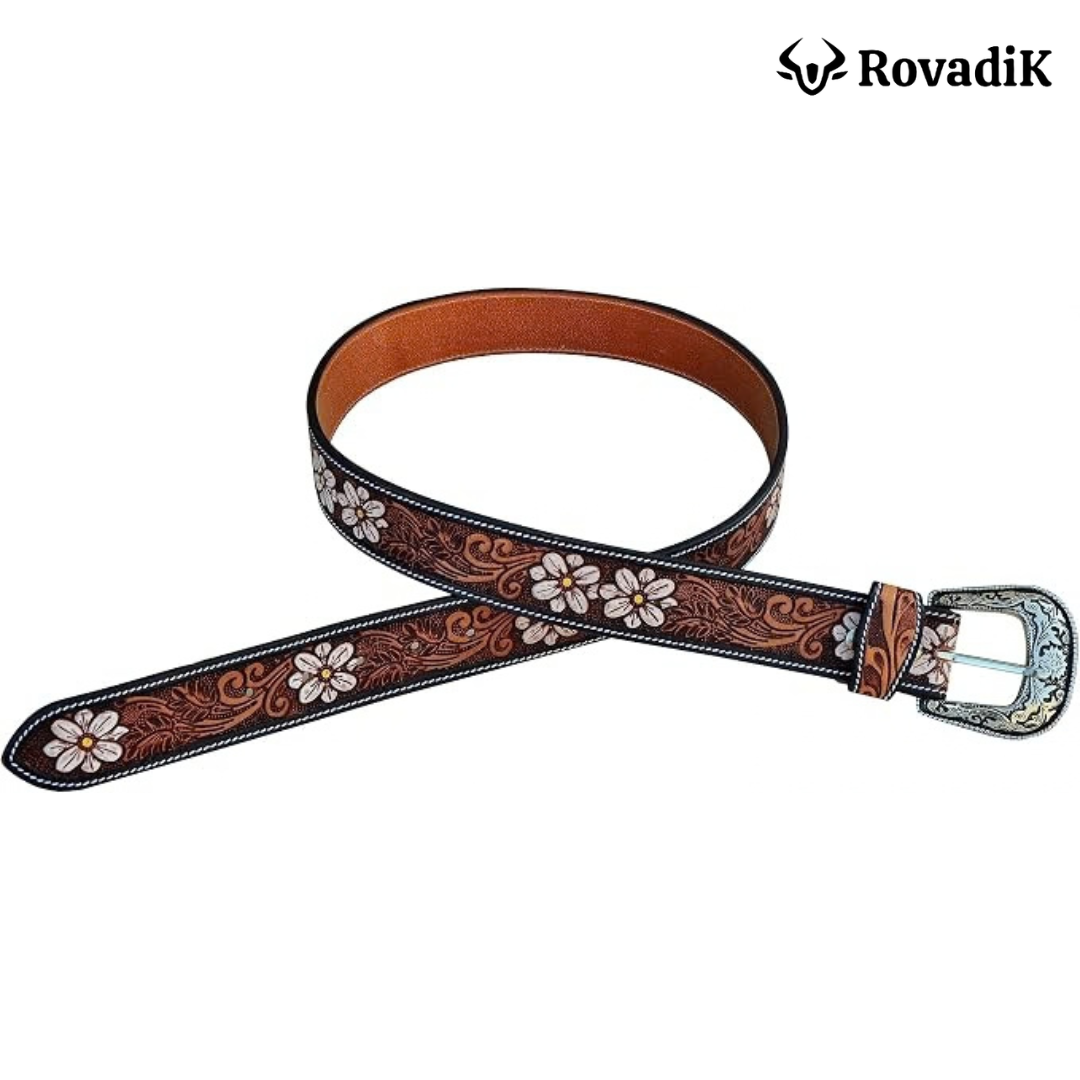 Rovadik Handtooled Floral Western Leather Belt for Men and Women | Genuine Full Grain Leather Cowboy Belt with Handcrafted Design | Vintage Engraved Metal Buckle | Casual, Jeans Wear - Image 5