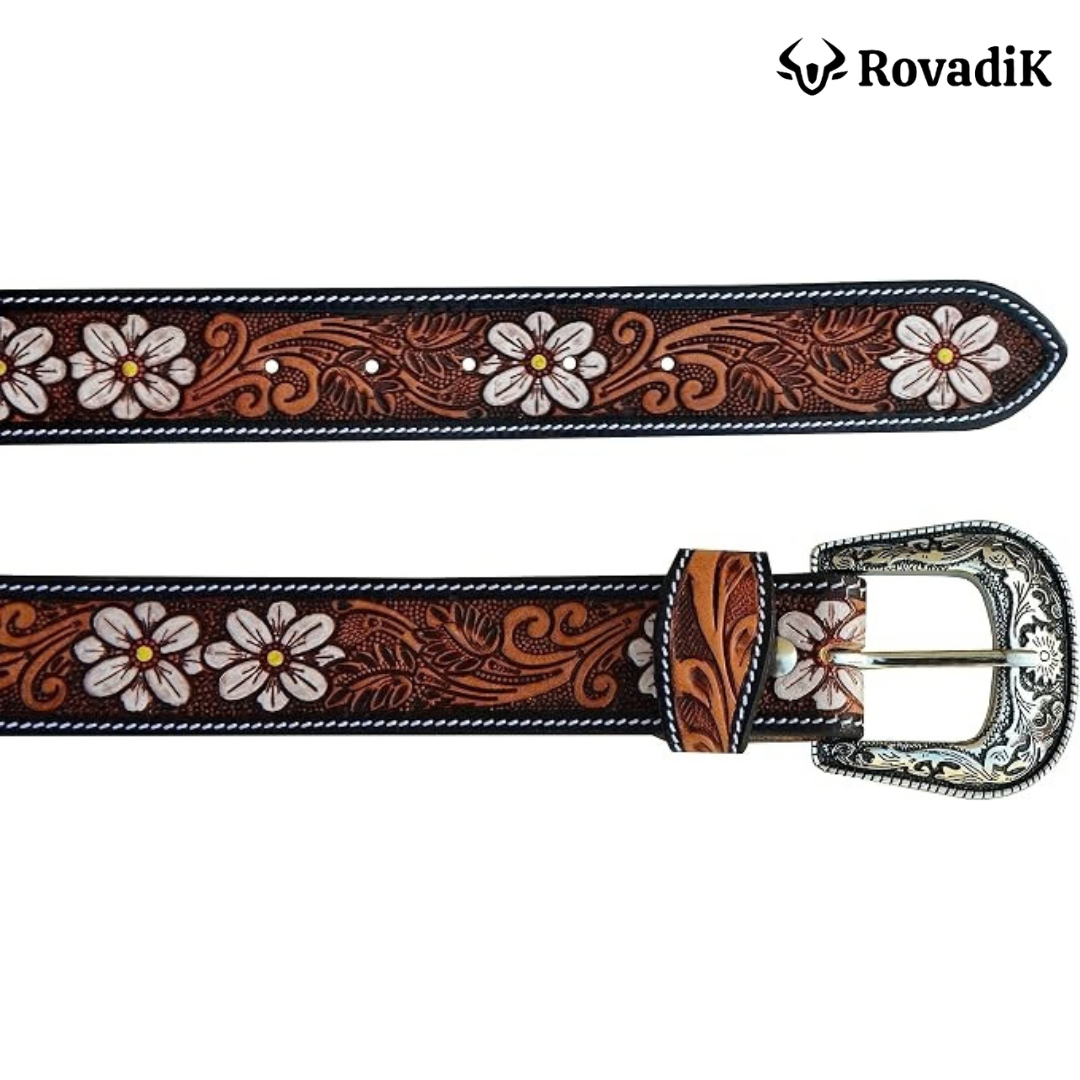 Rovadik Handtooled Floral Western Leather Belt for Men and Women | Genuine Full Grain Leather Cowboy Belt with Handcrafted Design | Vintage Engraved Metal Buckle | Casual, Jeans Wear - Image 6