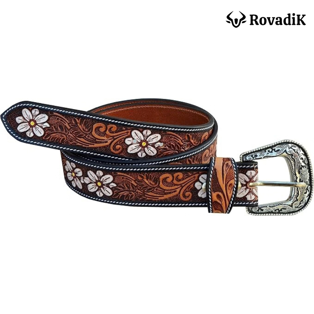 Rovadik Handtooled Floral Western Leather Belt for Men and Women | Genuine Full Grain Leather Cowboy Belt with Handcrafted Design | Vintage Engraved Metal Buckle | Casual, Jeans Wear - Image 7